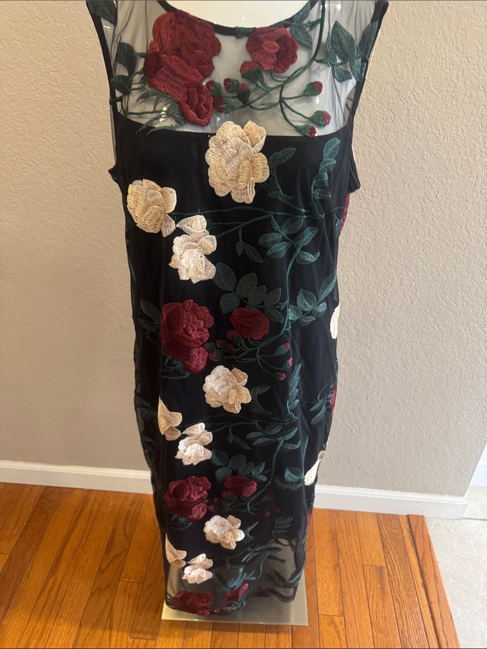 Calvin Klein Black Midi Dress with Red & Cream Floral Embroidery new size 12